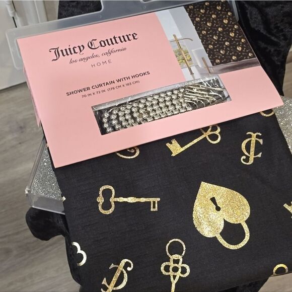 Juicy Couture Home JC Logo Heart Lock & Key Fabric Shower Curtsin w/Hooks - Picture 2 of 4